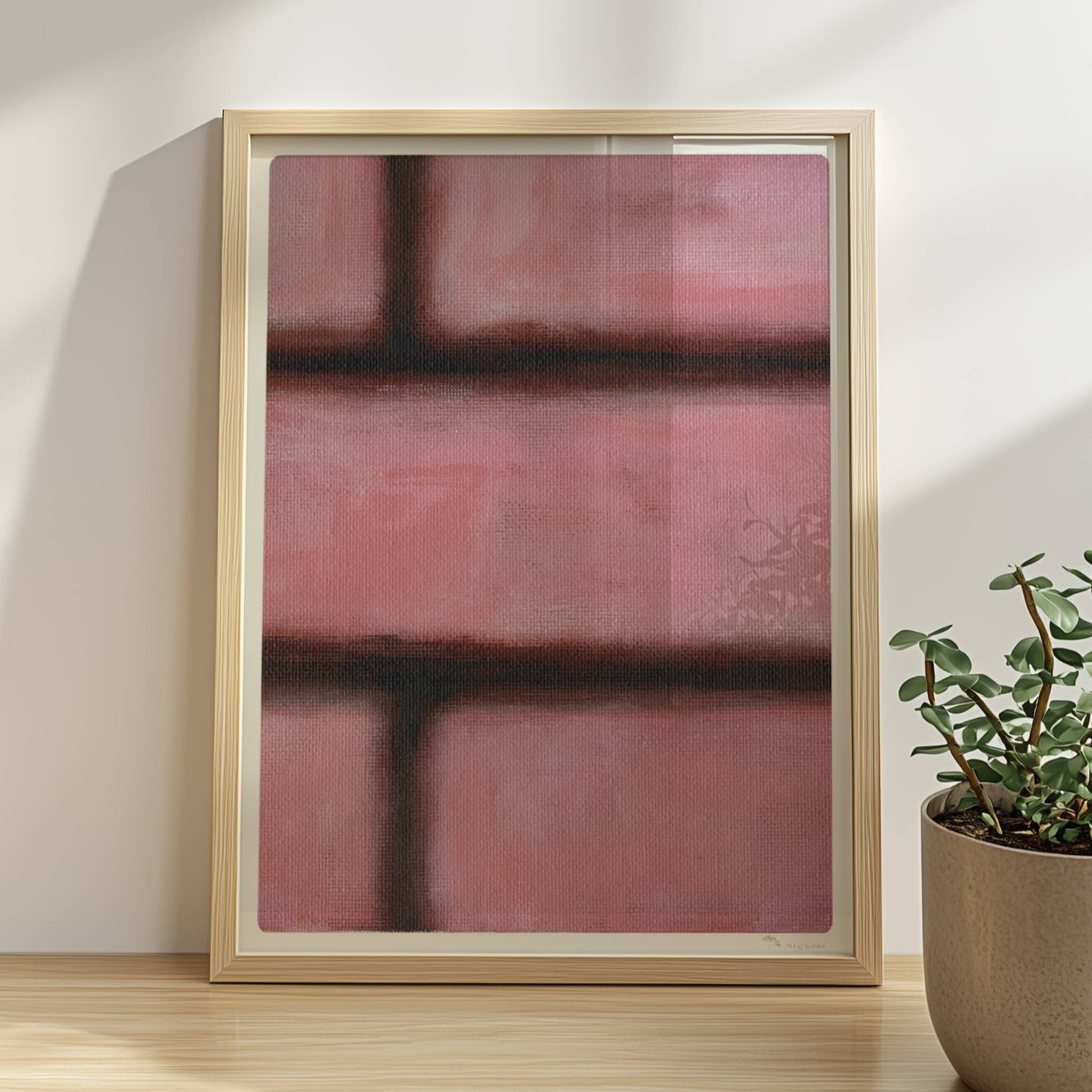Rosafarbene Ziegelwand mit weichen Kanten und künstlerischem Flair.. Rahmen natur 30x40