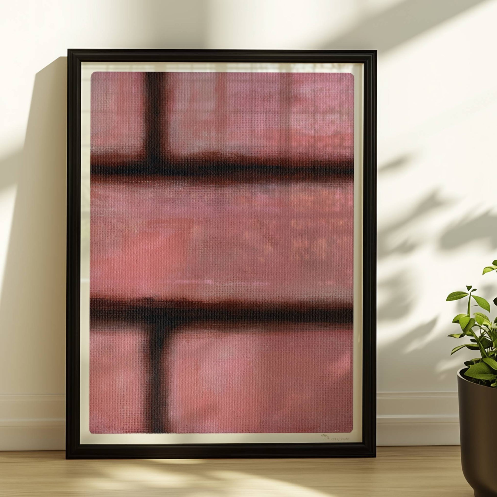 Rosafarbene Ziegelwand mit weichen Kanten und künstlerischem Flair.. Rahmen schwarz 30x40