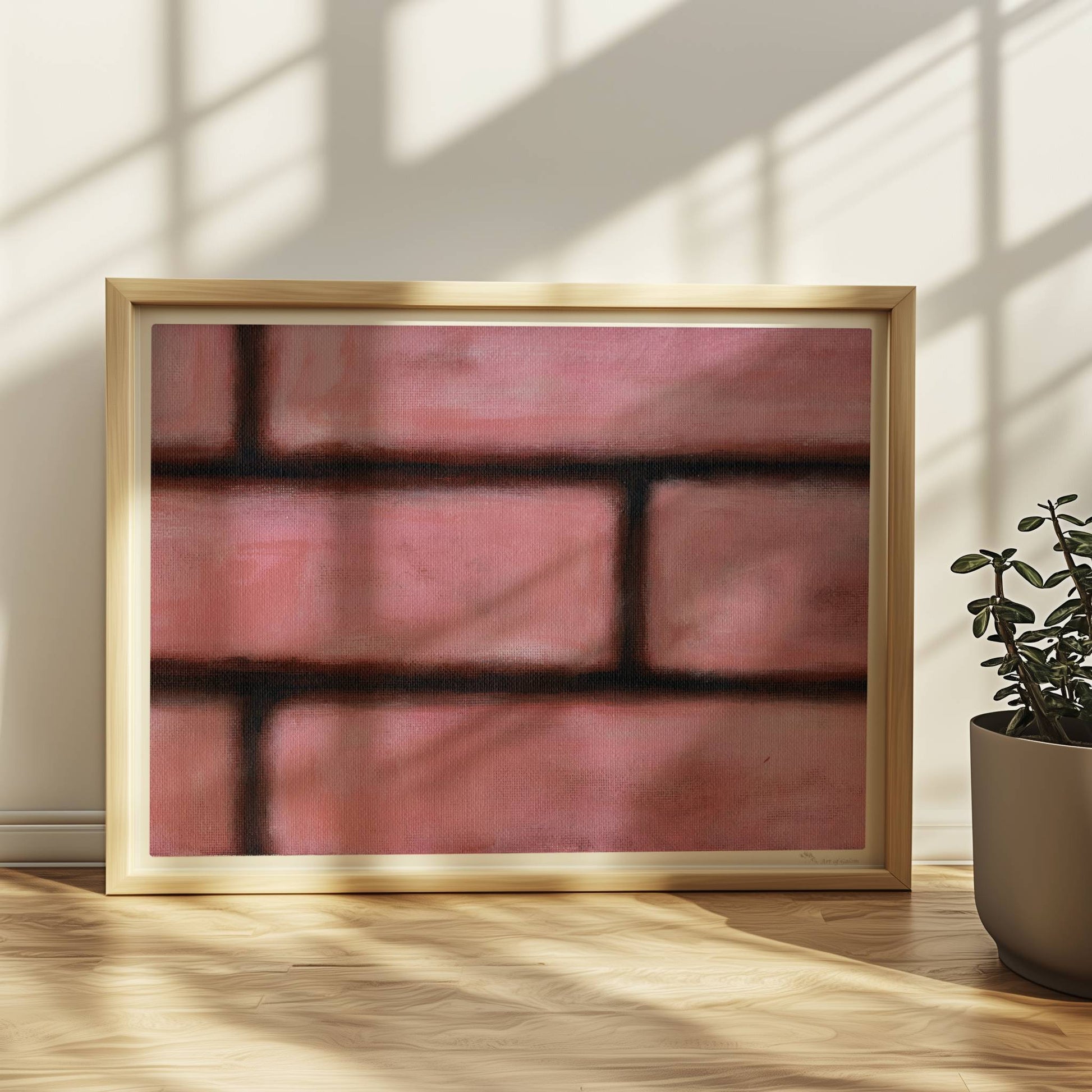 Rosafarbene Ziegelwand mit weichen Kanten und künstlerischem Flair.. Rahmen natur 40x30