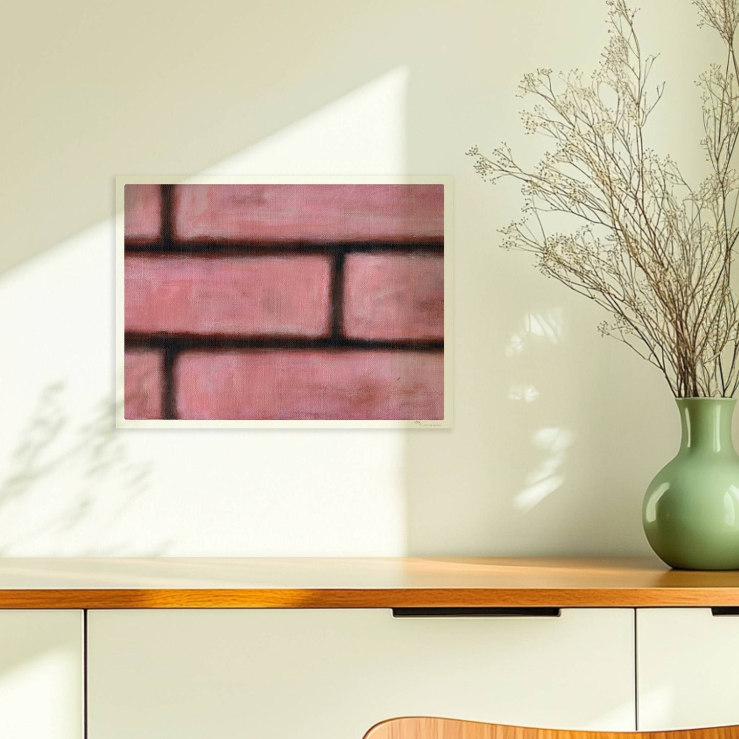 Rosafarbene Ziegelwand mit weichen Kanten und künstlerischem Flair.. Ohne Rahmen 40x30