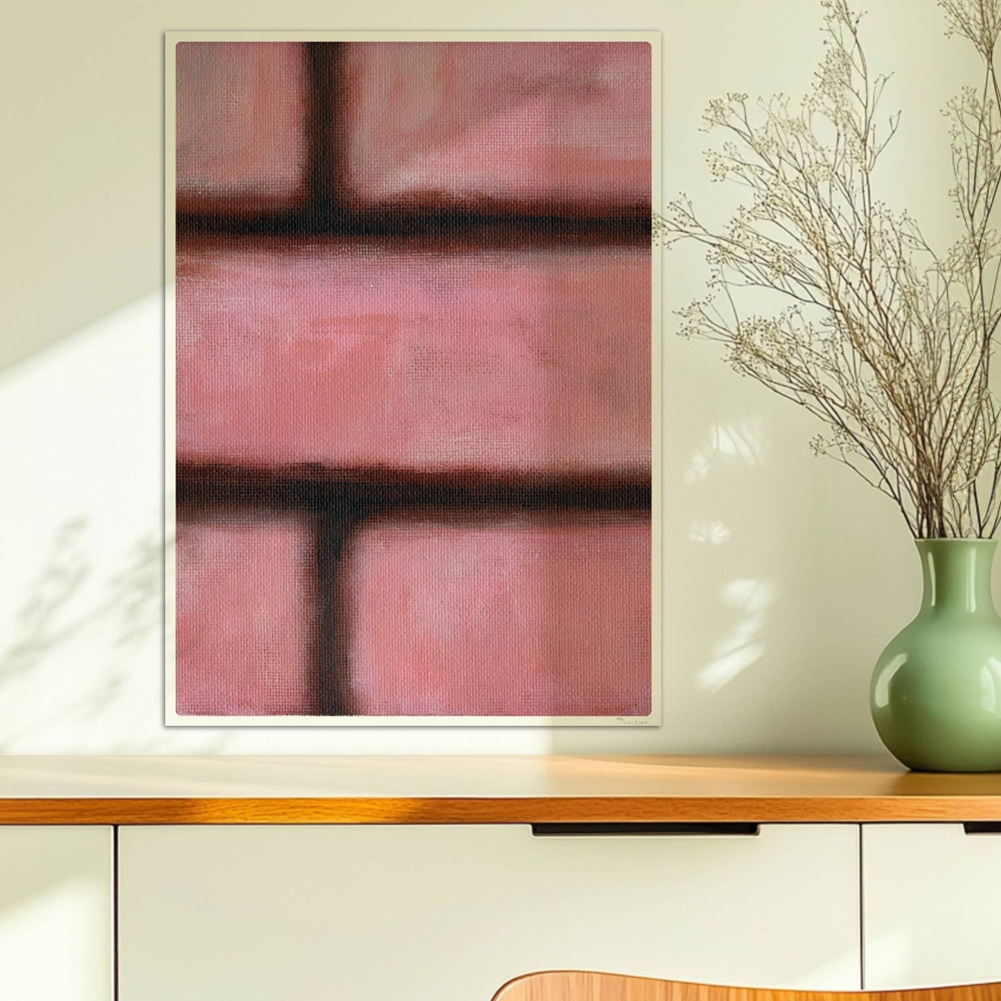 Rosafarbene Ziegelwand mit weichen Kanten und künstlerischem Flair.. Ohne Rahmen 50x70
