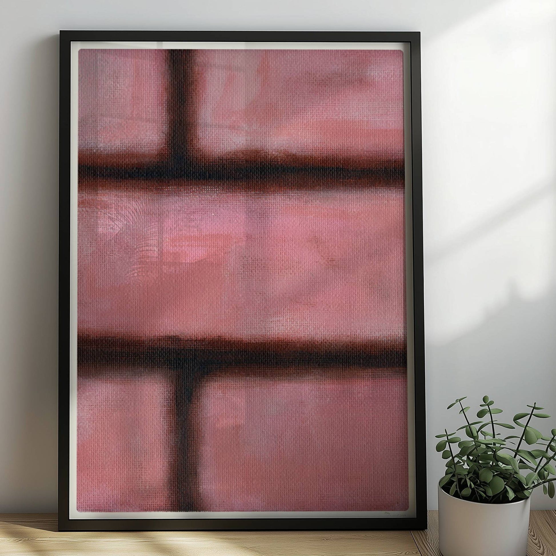 Rosafarbene Ziegelwand mit weichen Kanten und künstlerischem Flair.. Rahmen schwarz 50x70