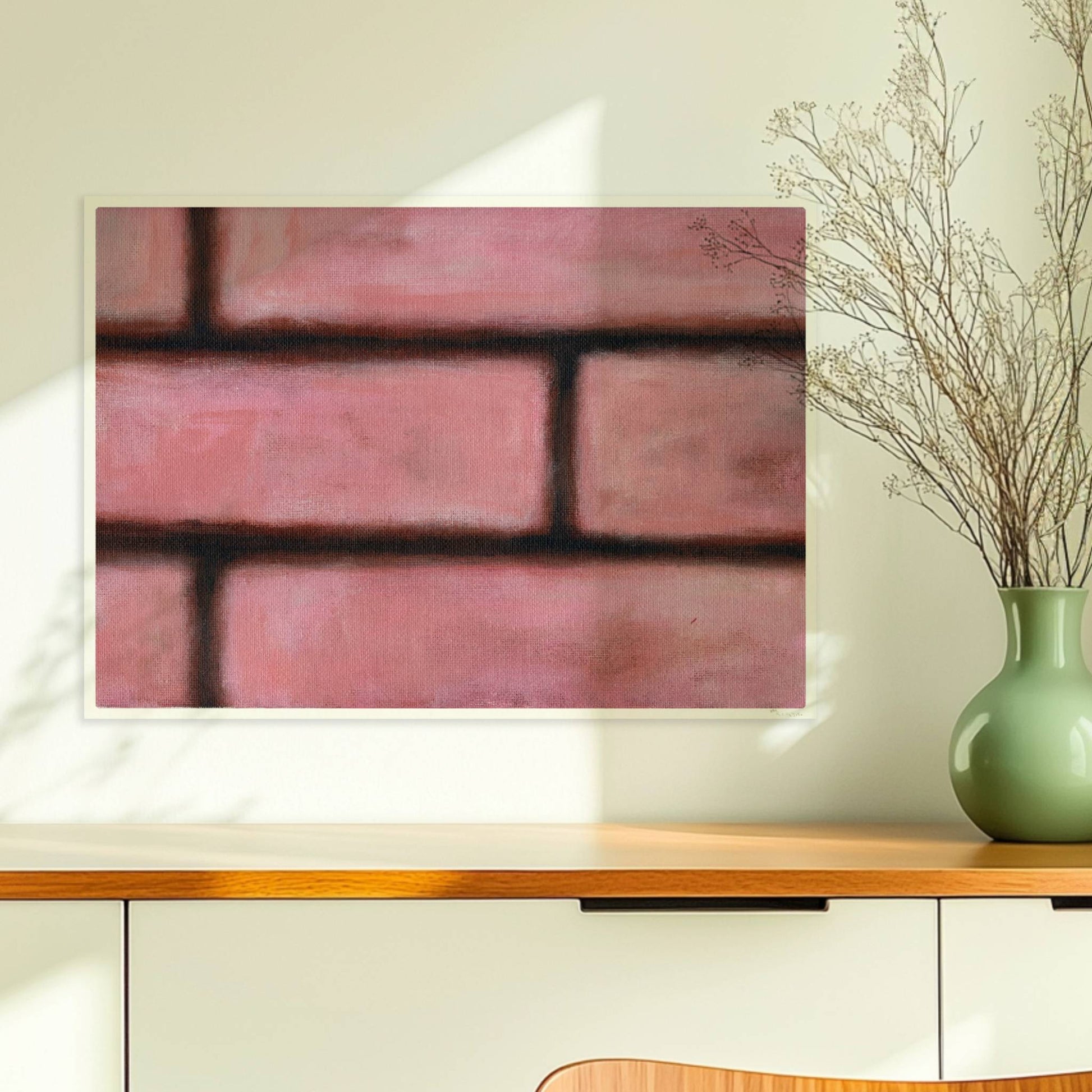 Rosafarbene Ziegelwand mit weichen Kanten und künstlerischem Flair.. Ohne Rahmen 70x50