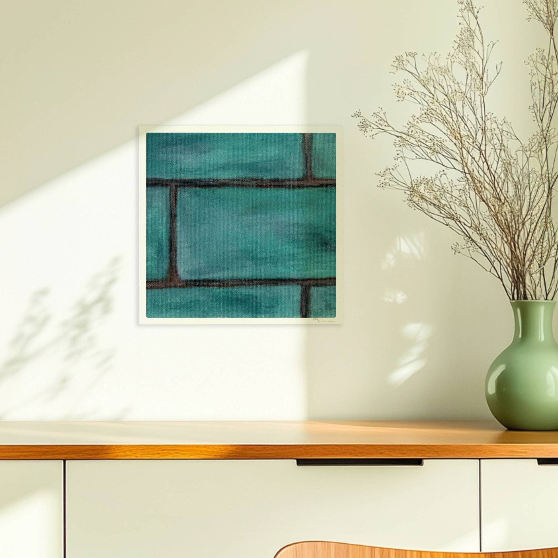 Türkise Backsteinwand mit strukturierten, grünen Kacheln.. Ohne Rahmen 30x30