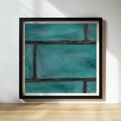 Türkise Backsteinwand mit strukturierten, grünen Kacheln.. Rahmen schwarz 30x30