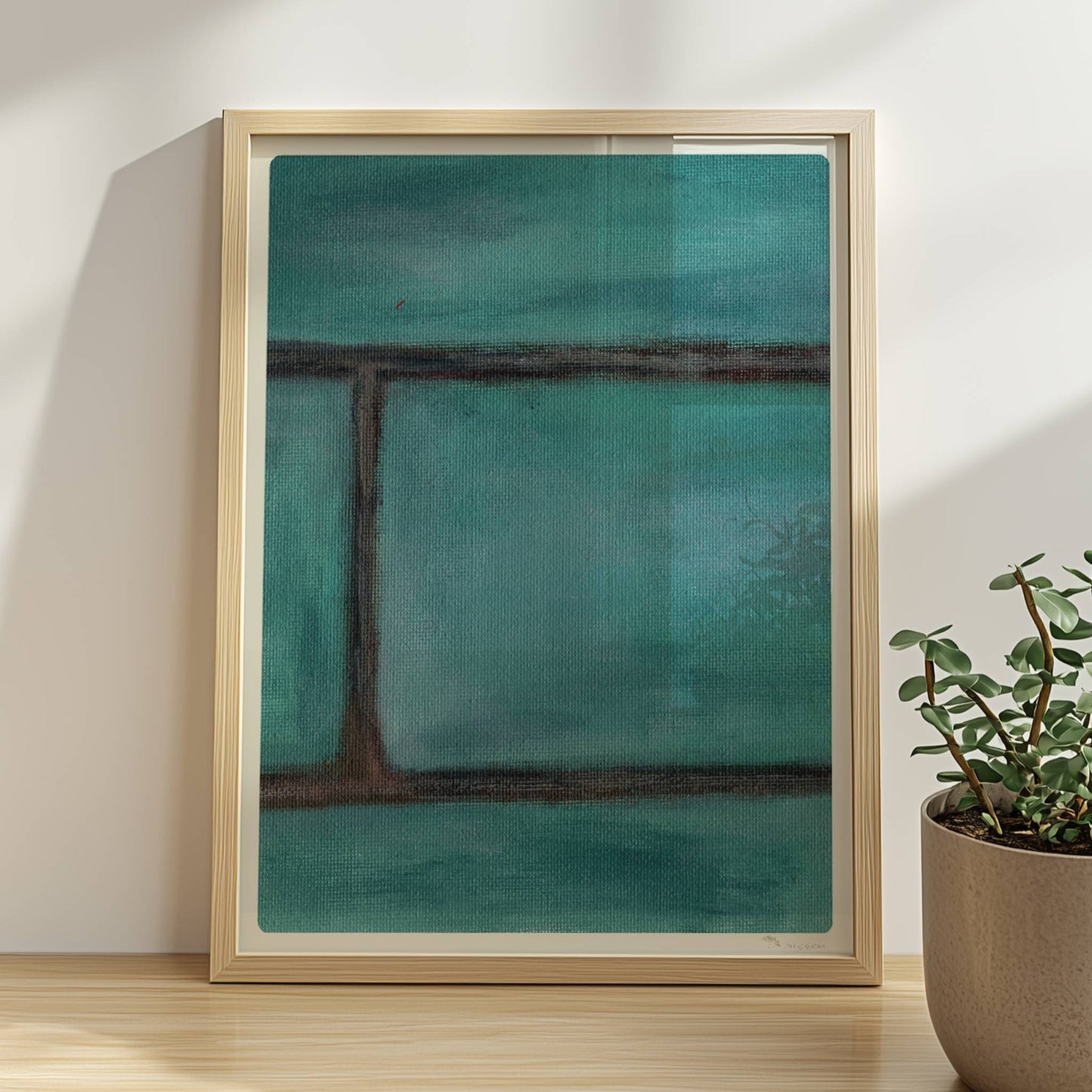 Türkise Backsteinwand mit strukturierten, grünen Kacheln.. Rahmen natur 30x40