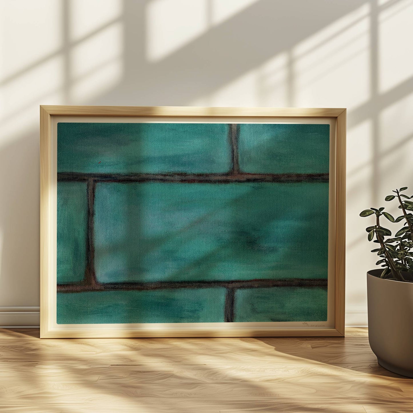 Türkise Backsteinwand mit strukturierten, grünen Kacheln.. Rahmen natur 40x30