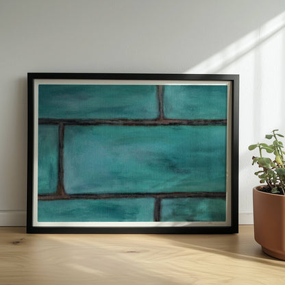 Türkise Backsteinwand mit strukturierten, grünen Kacheln.. Rahmen schwarz 40x30