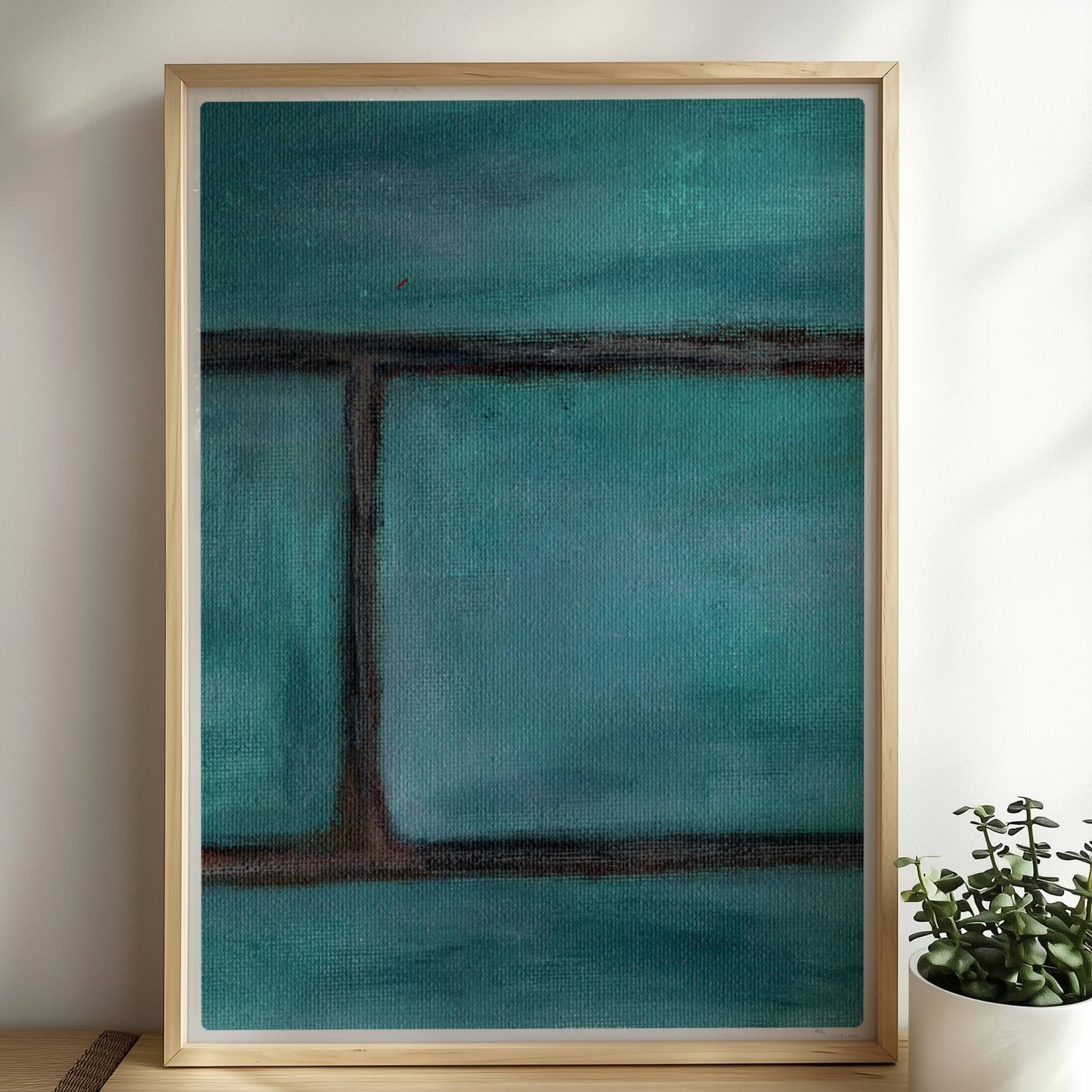Türkise Backsteinwand mit strukturierten, grünen Kacheln.. Rahmen natur 50x70