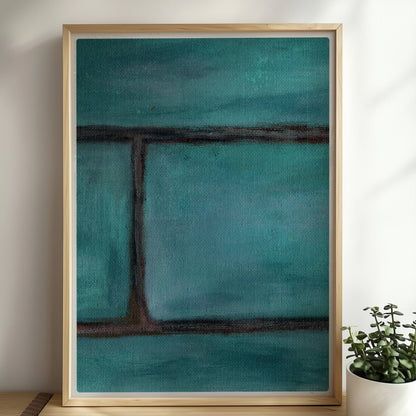Türkise Backsteinwand mit strukturierten, grünen Kacheln.. Rahmen natur 50x70