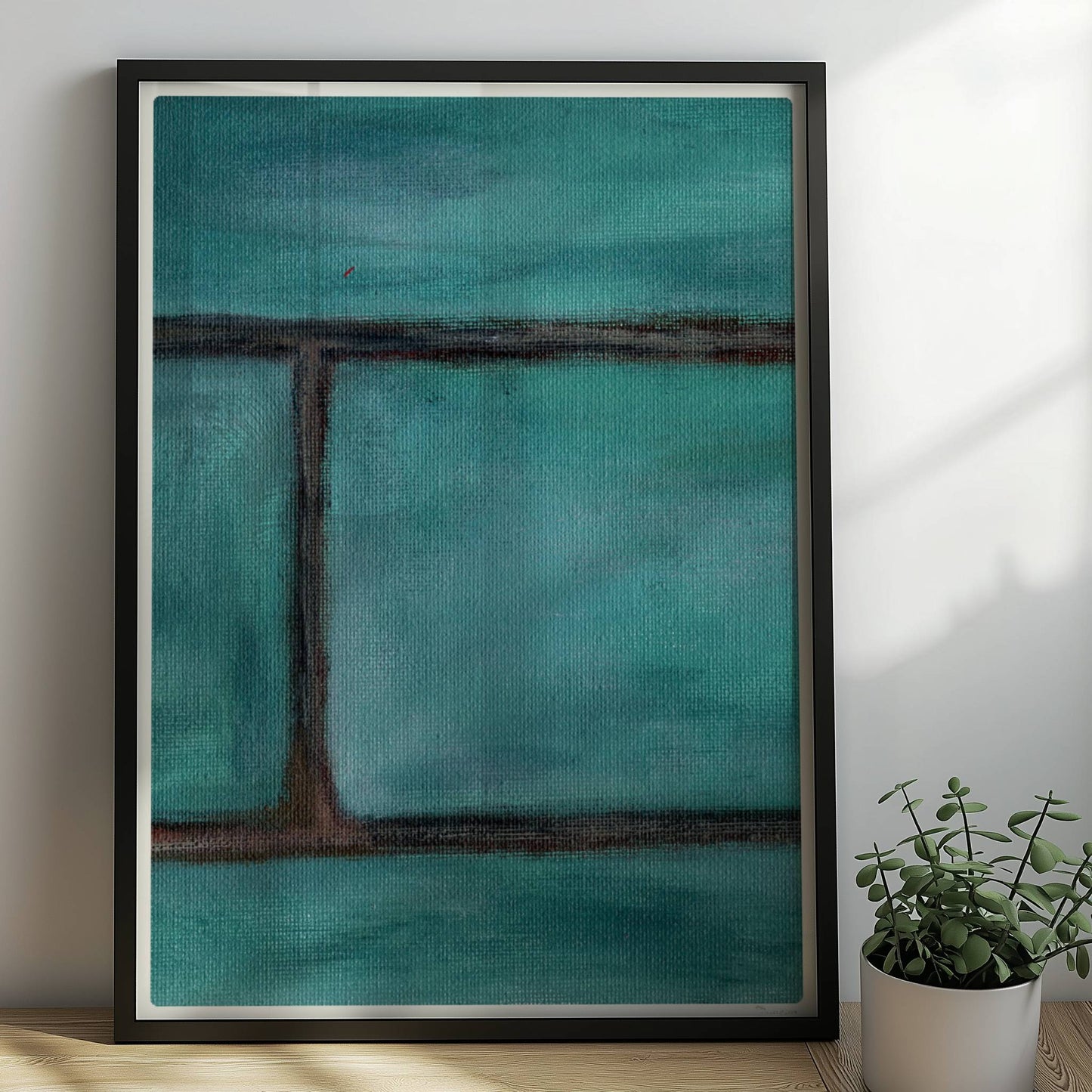 Türkise Backsteinwand mit strukturierten, grünen Kacheln.. Rahmen schwarz 50x70