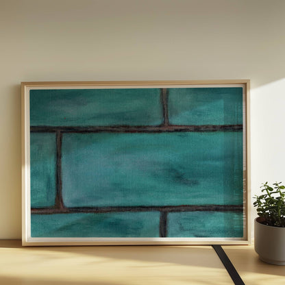 Türkise Backsteinwand mit strukturierten, grünen Kacheln.. Rahmen natur 70x50