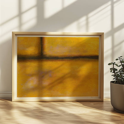 Gelbe Ziegelwand mit warmen Farbverläufen und Struktur.. Rahmen natur 40x30