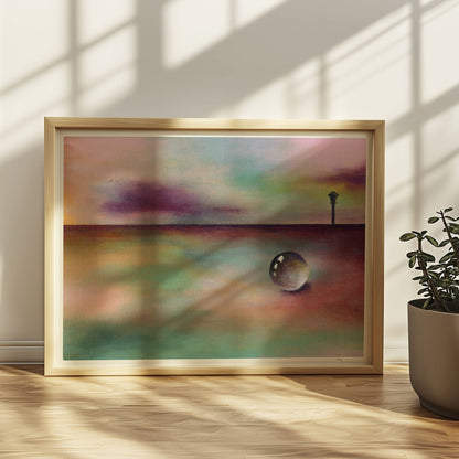Kugel auf regenbogenfarbener Landschaft mit entferntem Horizont.. Rahmen natur 40x30