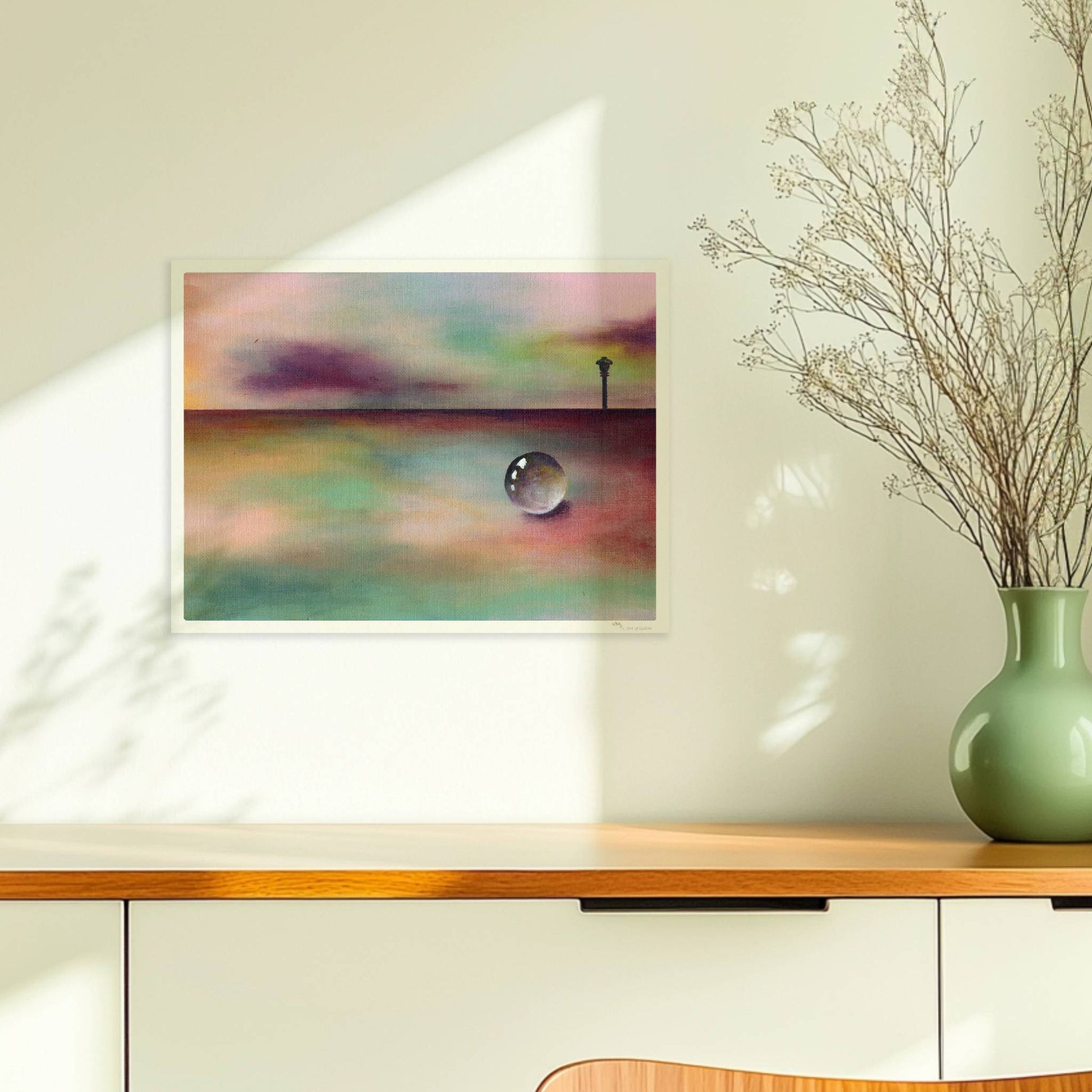 Kugel auf regenbogenfarbener Landschaft mit entferntem Horizont.. Ohne Rahmen 40x30
