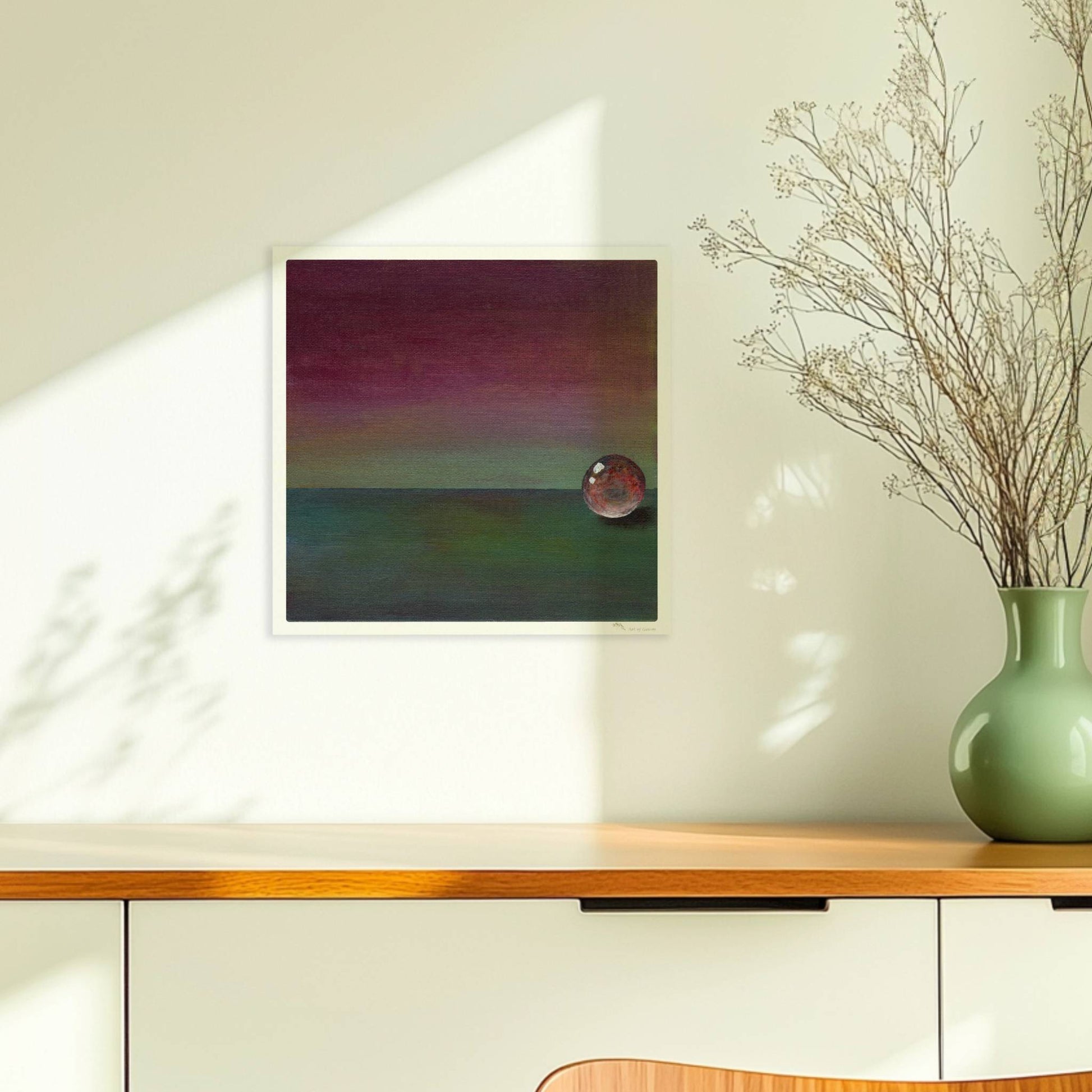 Stimmungsvolle Glaskugel mit Farbverlauf in Grün und Violett.. Ohne Rahmen 30x30