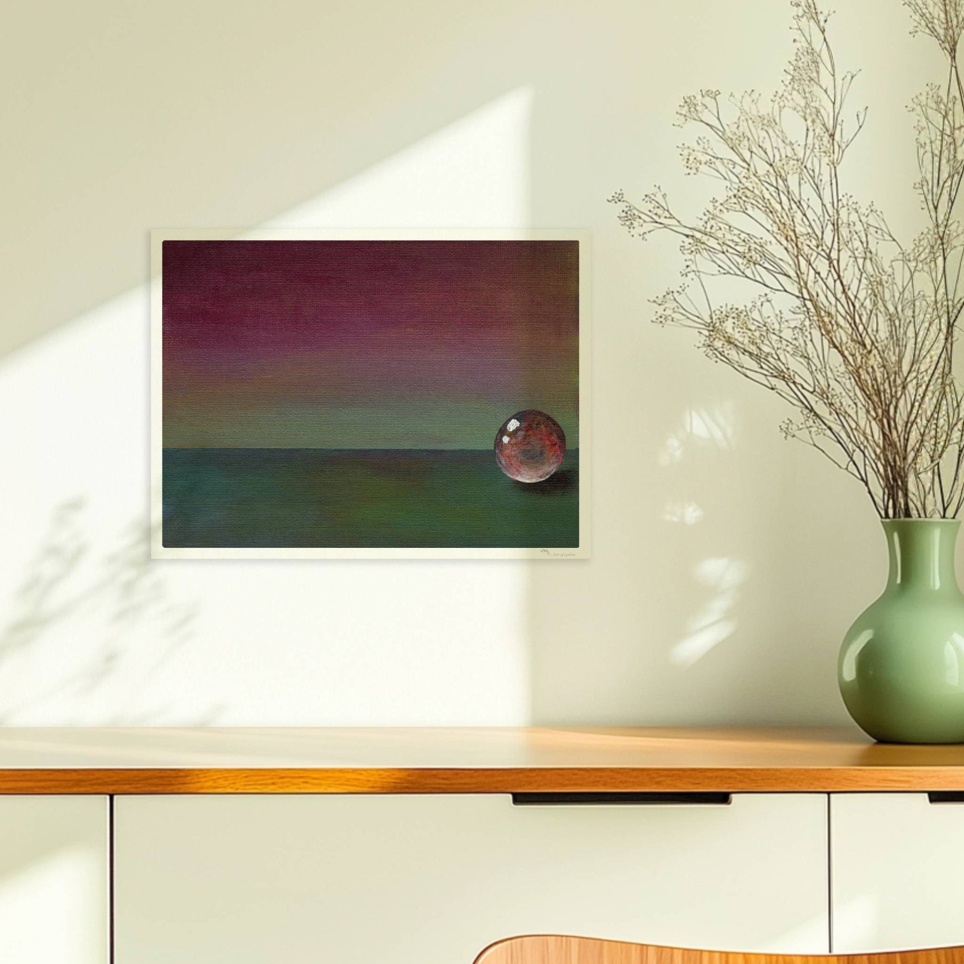 Stimmungsvolle Glaskugel mit Farbverlauf in Grün und Violett.. Ohne Rahmen 40x30