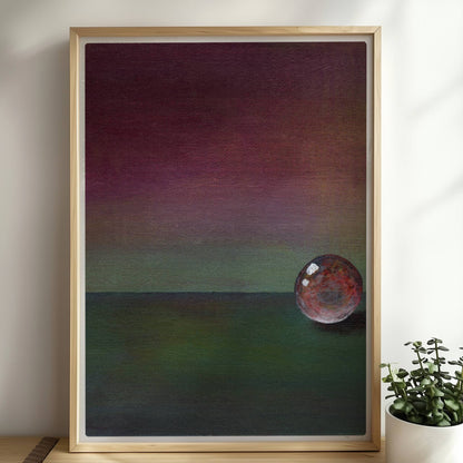 Stimmungsvolle Glaskugel mit Farbverlauf in Grün und Violett.. Rahmen natur 50x70