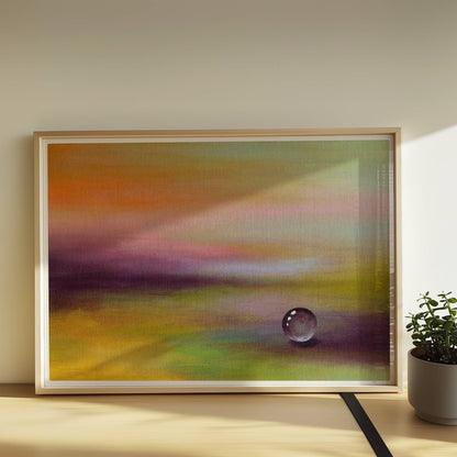 Einzelner Glastropfen in lila-gelber Traumlandschaft, beruhigend.. Rahmen natur 70x50