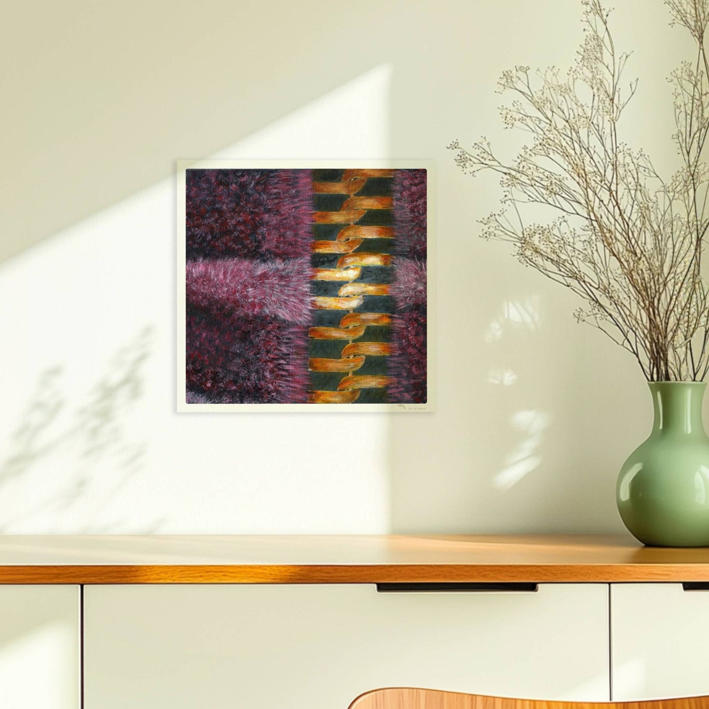 Rosa Fellstruktur mit goldenem Reißverschluss – moderne Modekunst.. Ohne Rahmen 30x30