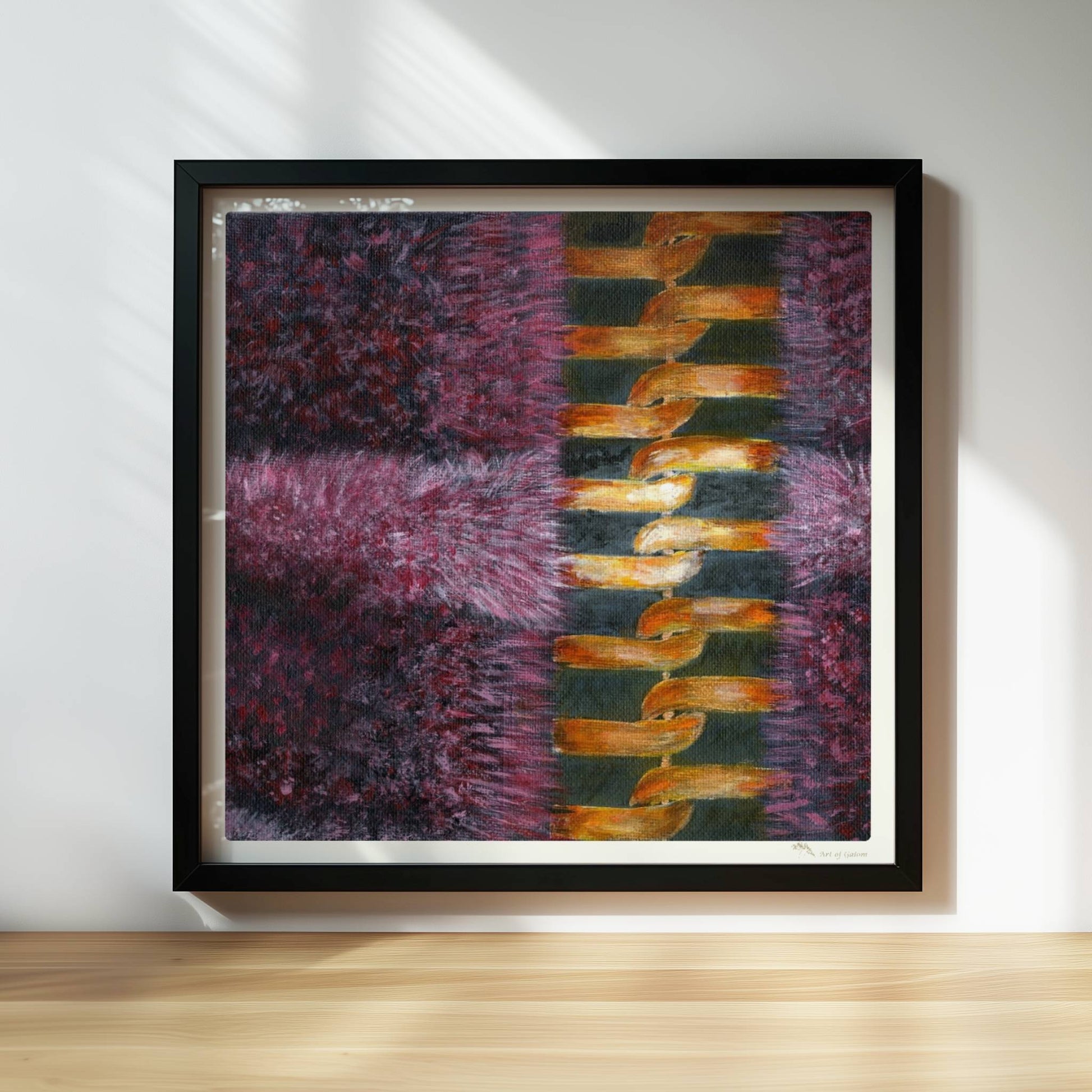 Rosa Fellstruktur mit goldenem Reißverschluss – moderne Modekunst.. Rahmen schwarz 30x30