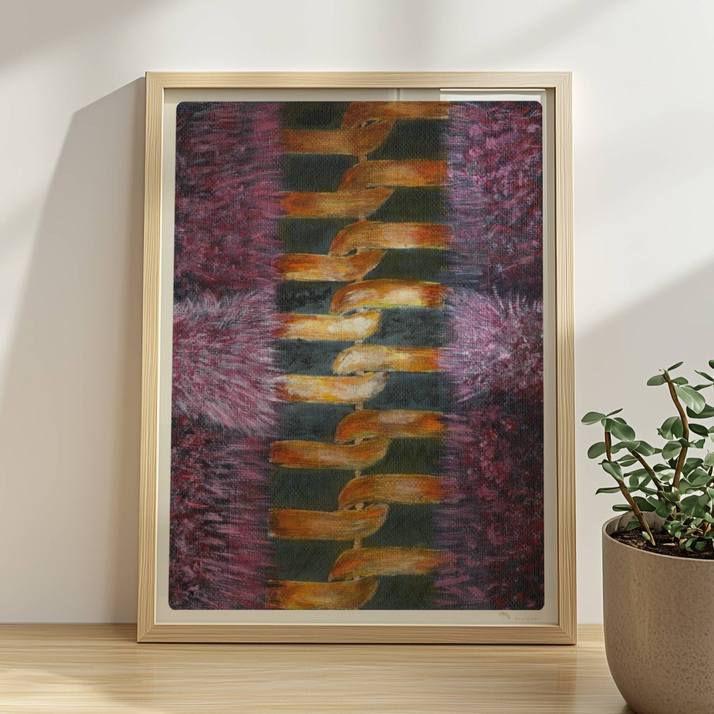 Rosa Fellstruktur mit goldenem Reißverschluss – moderne Modekunst.. Rahmen natur 30x40
