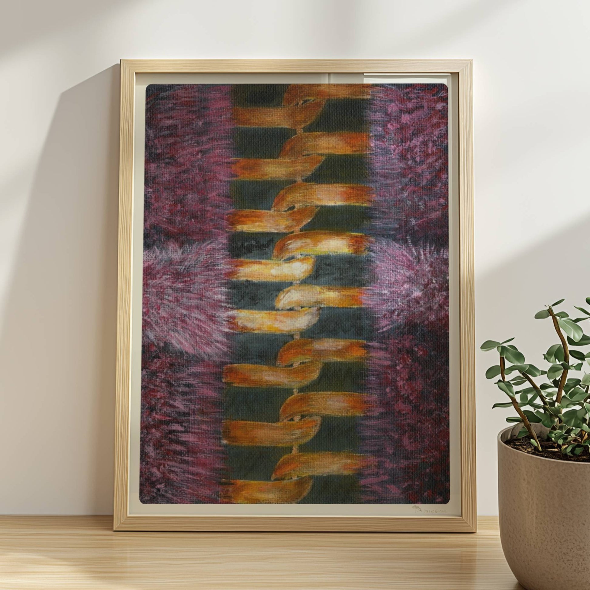 Rosa Fellstruktur mit goldenem Reißverschluss – moderne Modekunst.. Rahmen natur 30x40
