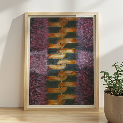Rosa Fellstruktur mit goldenem Reißverschluss – moderne Modekunst.. Rahmen natur 30x40