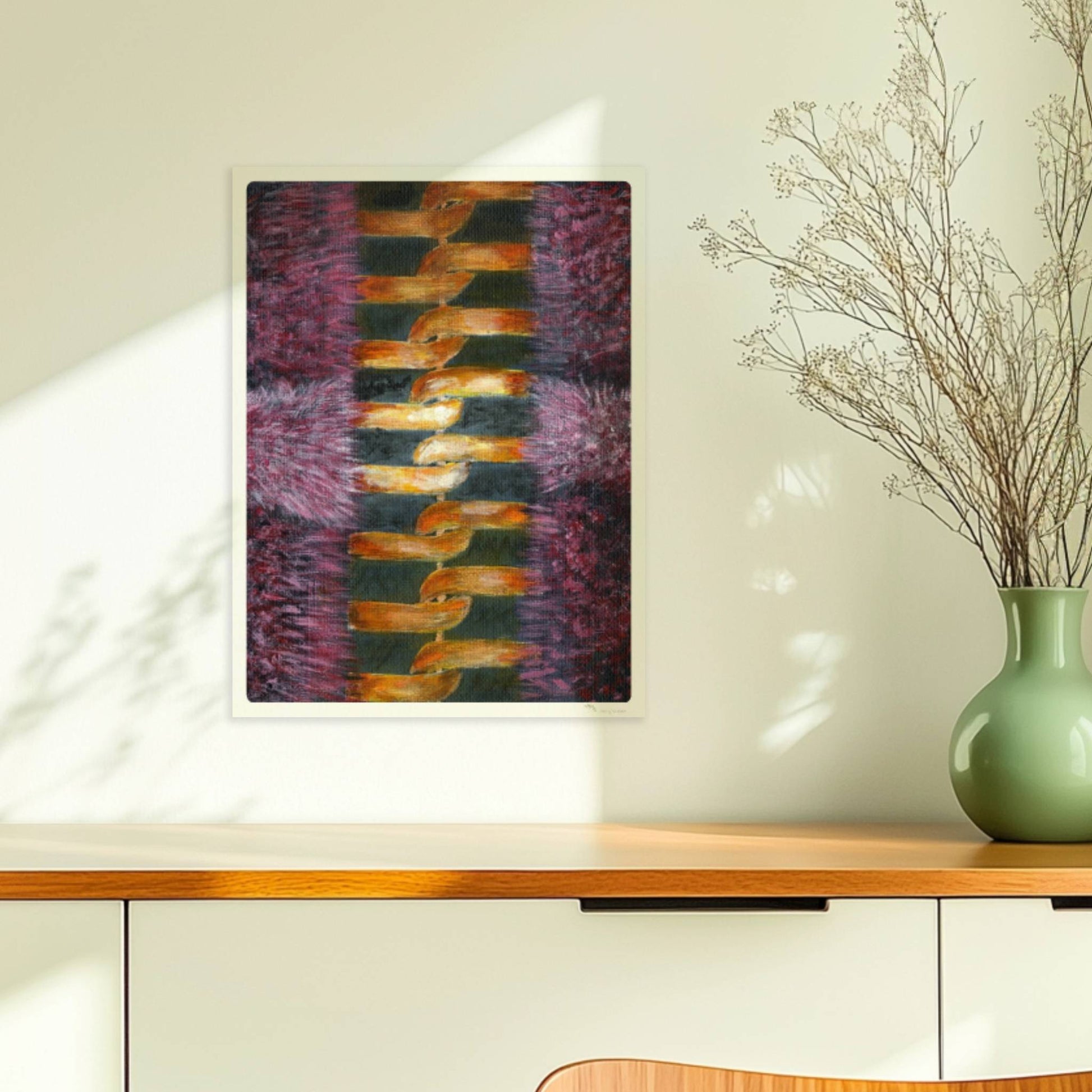 Rosa Fellstruktur mit goldenem Reißverschluss – moderne Modekunst.. Ohne Rahmen 30x40