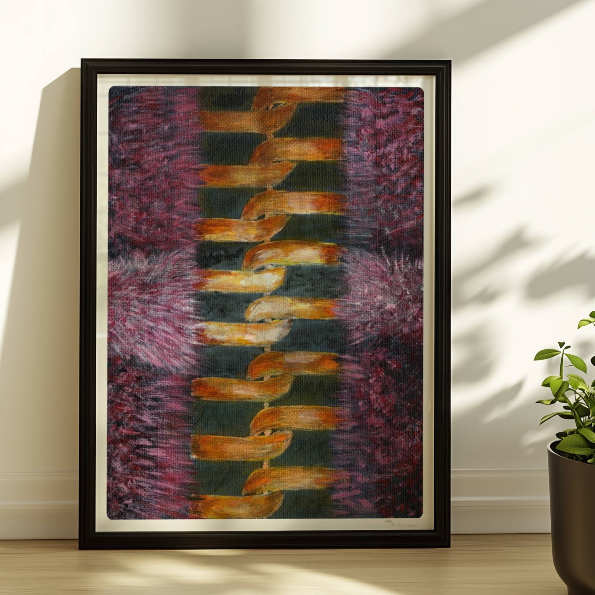Rosa Fellstruktur mit goldenem Reißverschluss – moderne Modekunst.. Rahmen schwarz 30x40