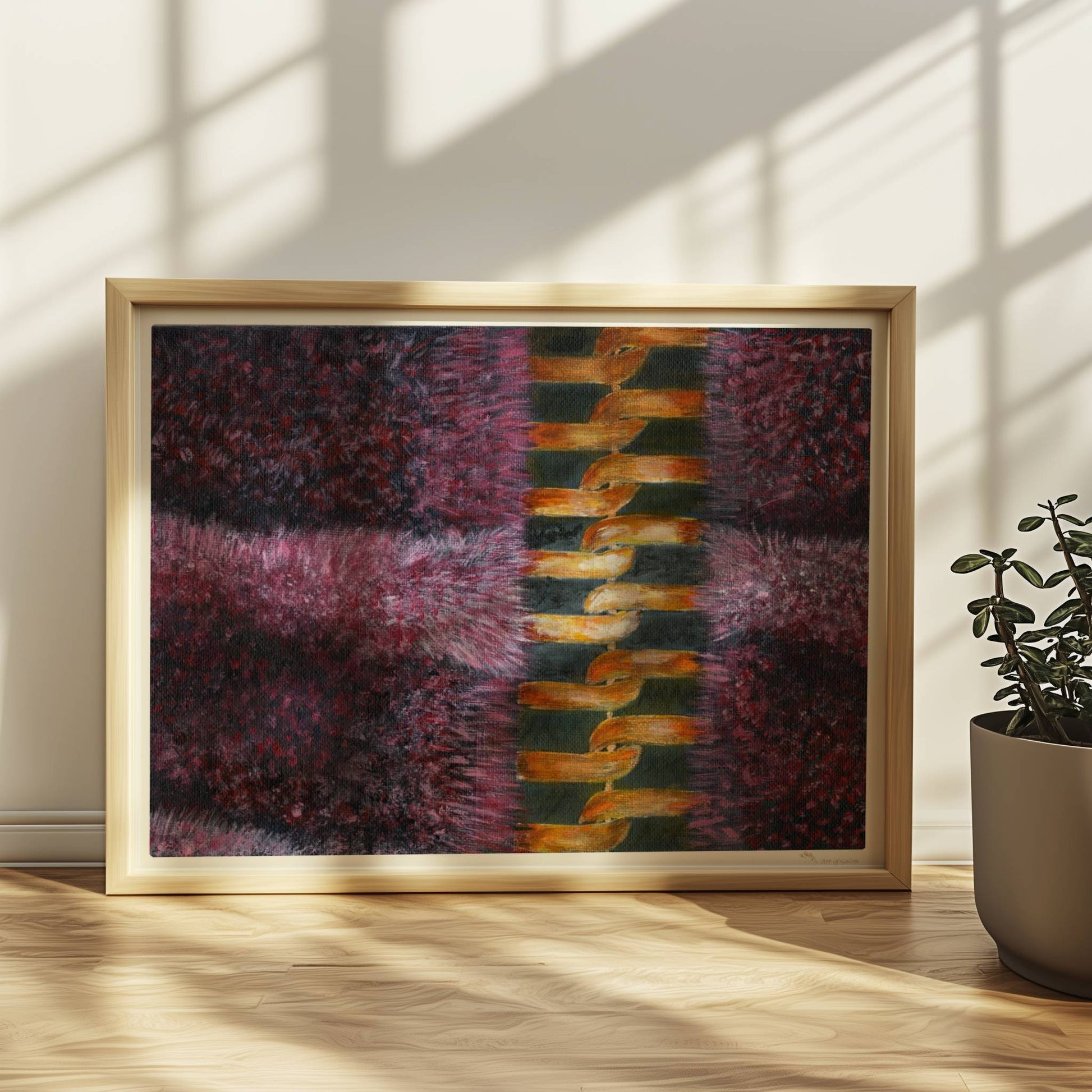 Rosa Fellstruktur mit goldenem Reißverschluss – moderne Modekunst.. Rahmen natur 40x30