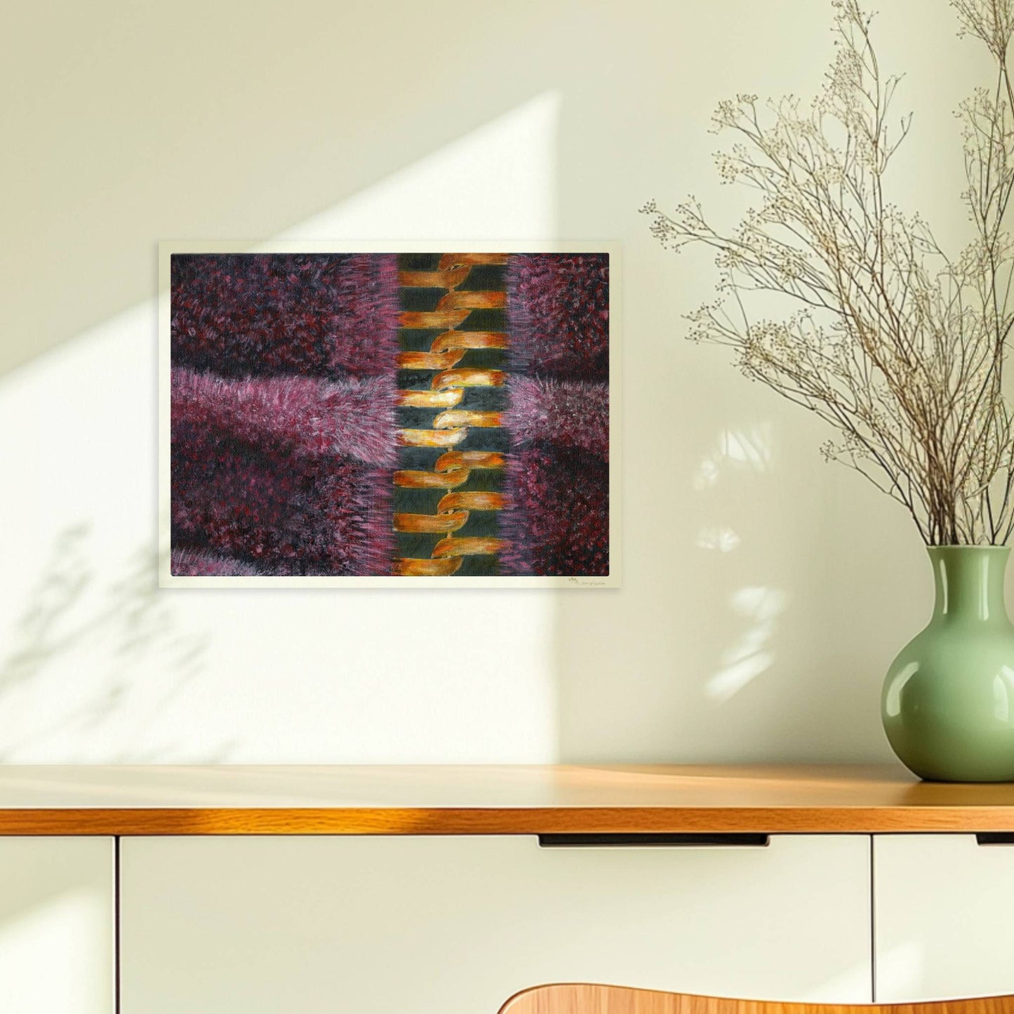 Rosa Fellstruktur mit goldenem Reißverschluss – moderne Modekunst.. Ohne Rahmen 40x30