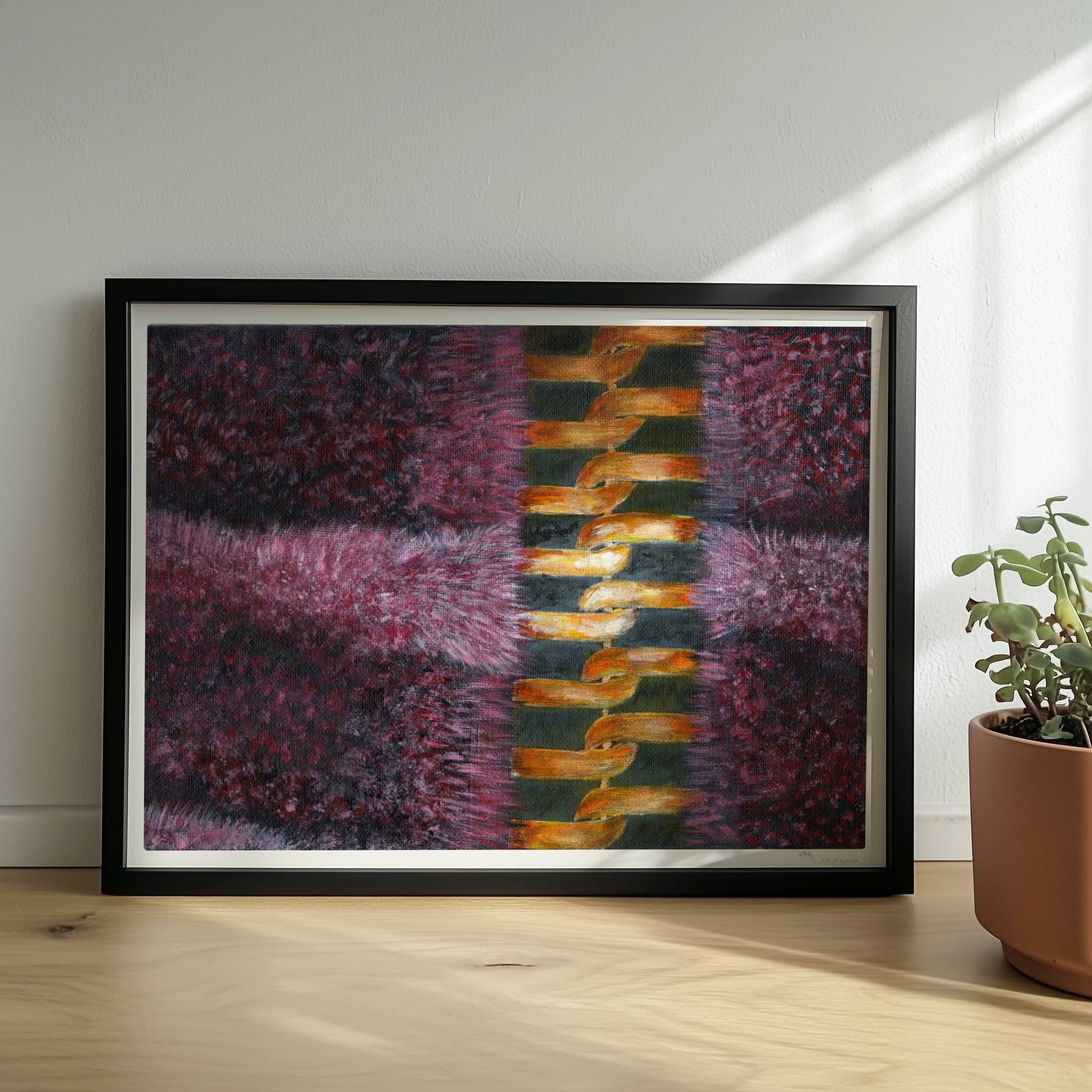 Rosa Fellstruktur mit goldenem Reißverschluss – moderne Modekunst.. Rahmen schwarz 40x30