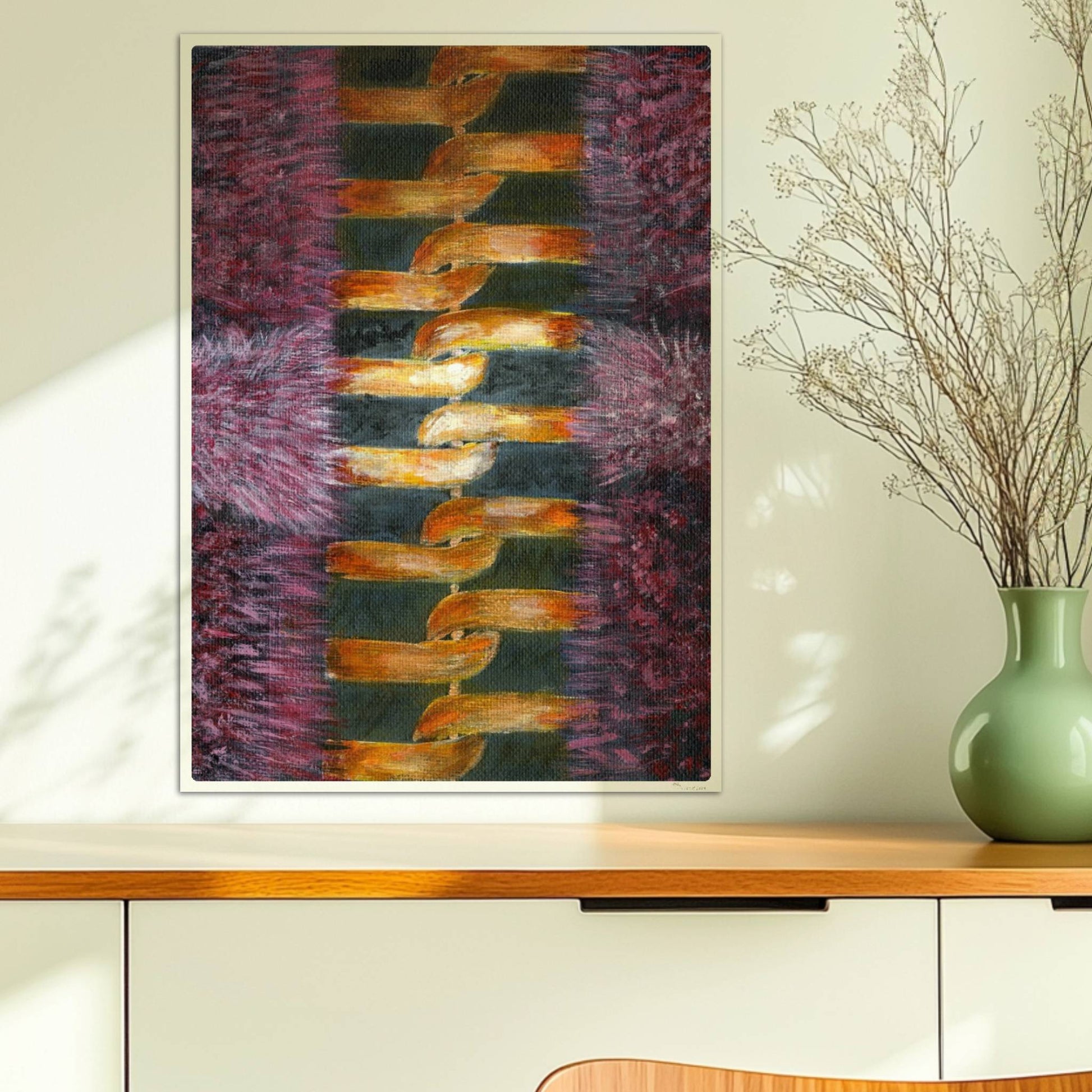 Rosa Fellstruktur mit goldenem Reißverschluss – moderne Modekunst.. Ohne Rahmen 50x70