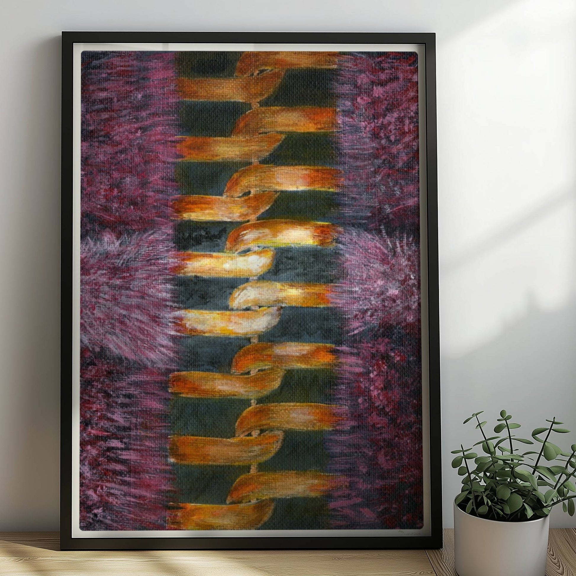 Rosa Fellstruktur mit goldenem Reißverschluss – moderne Modekunst.. Rahmen schwarz 50x70