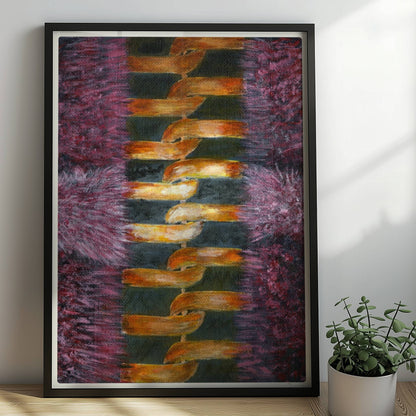 Rosa Fellstruktur mit goldenem Reißverschluss – moderne Modekunst.. Rahmen schwarz 50x70