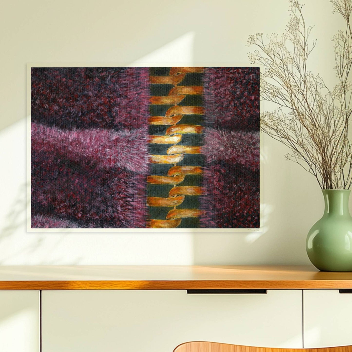 Rosa Fellstruktur mit goldenem Reißverschluss – moderne Modekunst.. Ohne Rahmen 70x50