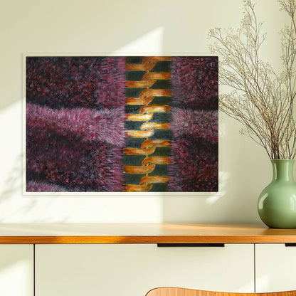 Rosa Fellstruktur mit goldenem Reißverschluss – moderne Modekunst.. Ohne Rahmen 70x50