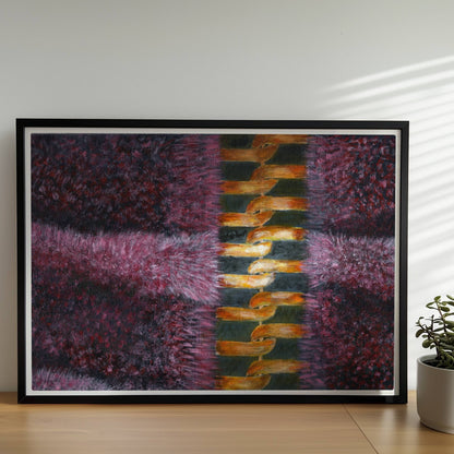 Rosa Fellstruktur mit goldenem Reißverschluss – moderne Modekunst.. Rahmen schwarz 70x50