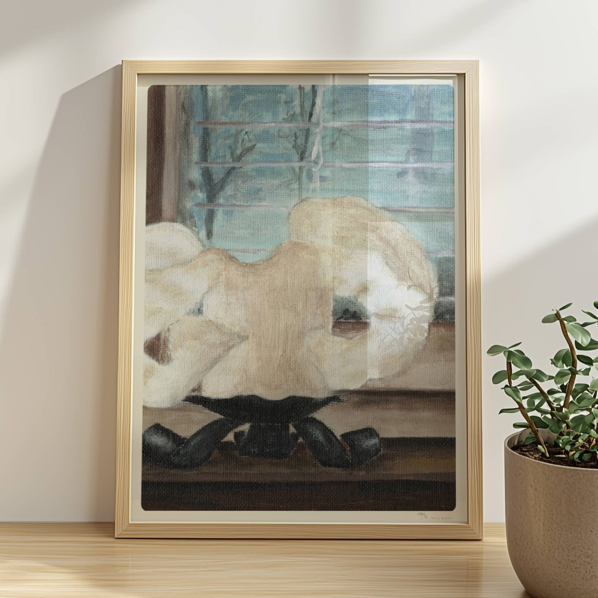 Große geschmolzene Kerze auf Fensterbank – stimmungsvolle Innenkunst.. Rahmen natur 30x40