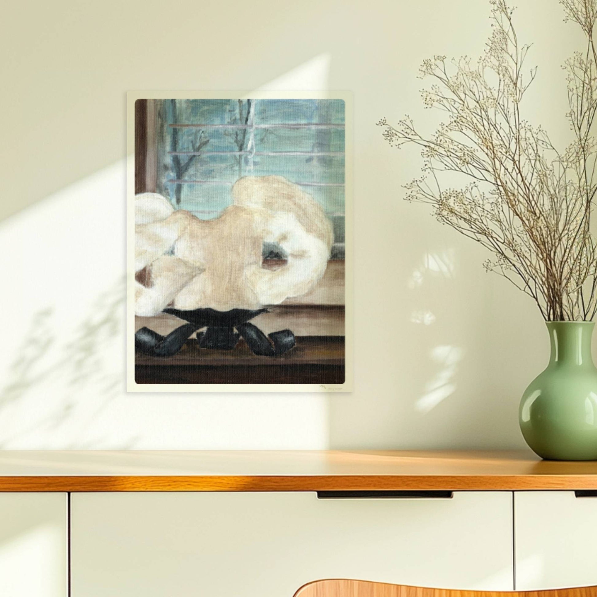 Große geschmolzene Kerze auf Fensterbank – stimmungsvolle Innenkunst.. Ohne Rahmen 30x40