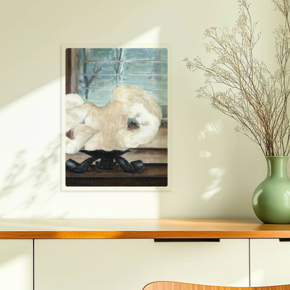 Große geschmolzene Kerze auf Fensterbank – stimmungsvolle Innenkunst.. Ohne Rahmen 30x40
