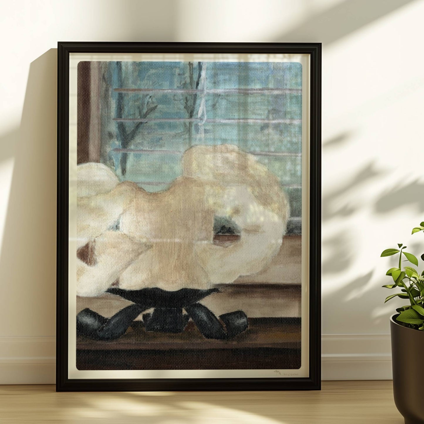 Große geschmolzene Kerze auf Fensterbank – stimmungsvolle Innenkunst.. Rahmen schwarz 30x40