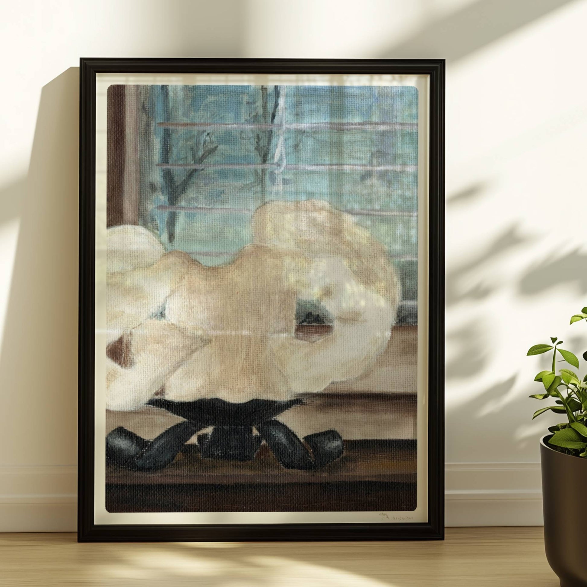 Große geschmolzene Kerze auf Fensterbank – stimmungsvolle Innenkunst.. Rahmen schwarz 30x40