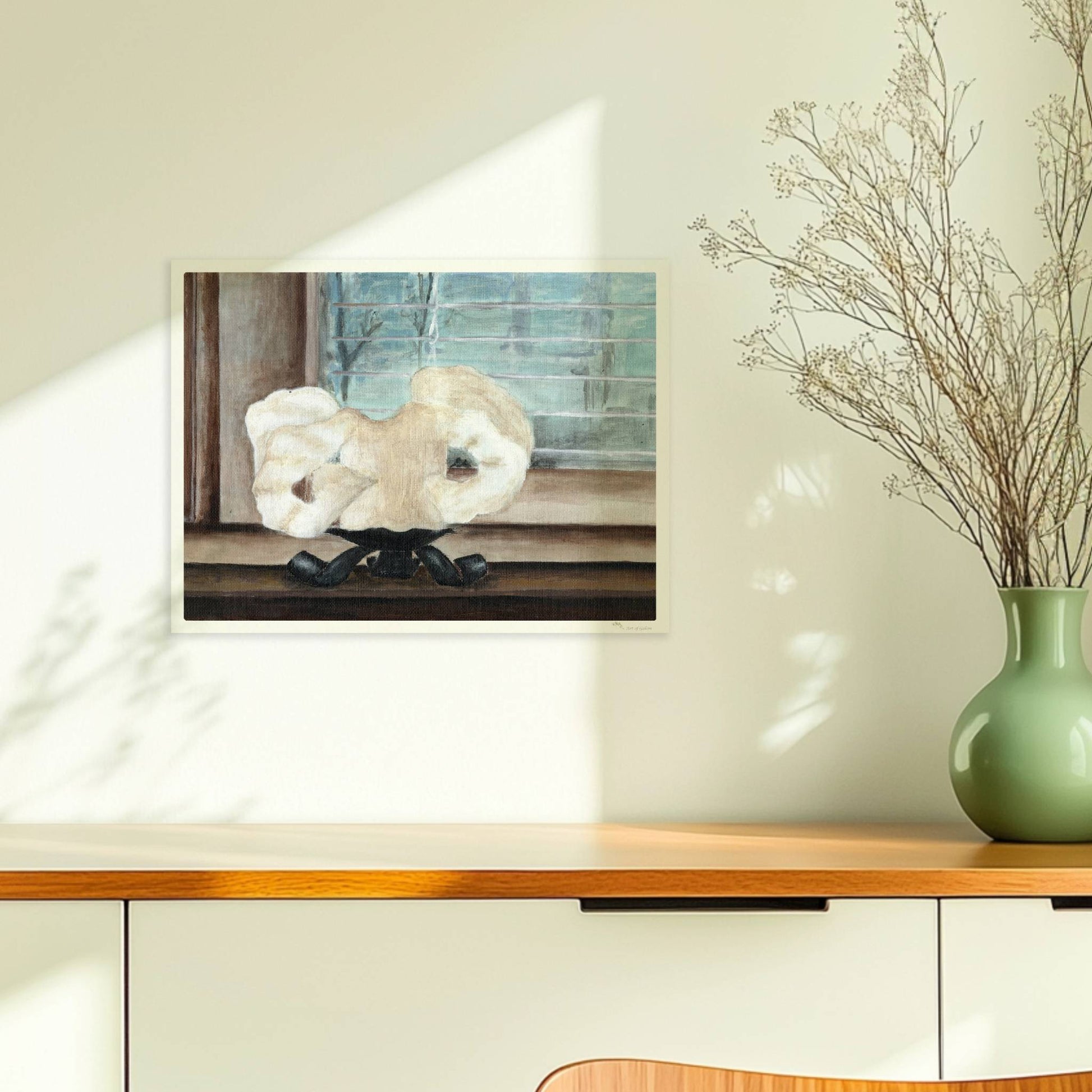 Große geschmolzene Kerze auf Fensterbank – stimmungsvolle Innenkunst.. Ohne Rahmen 40x30