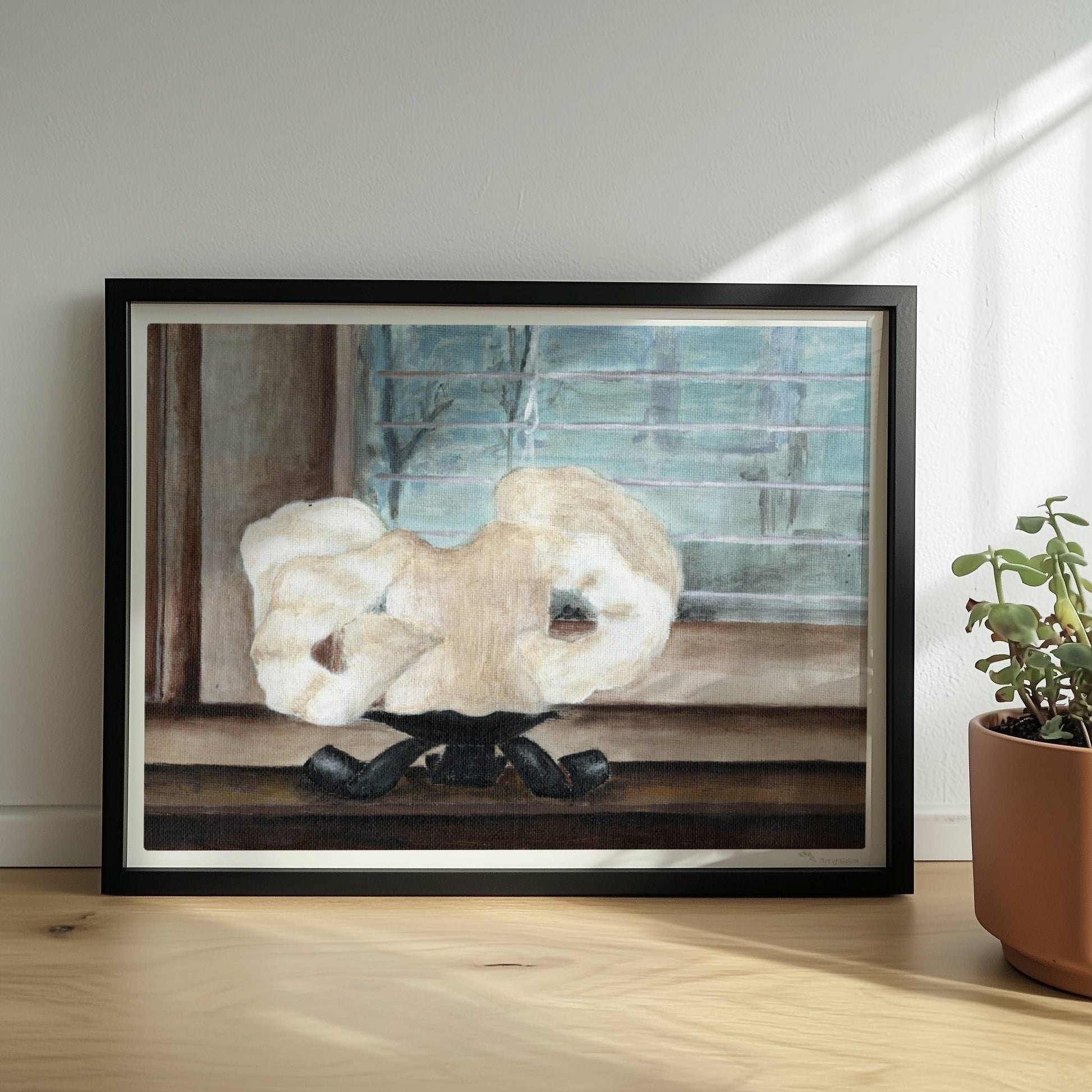 Große geschmolzene Kerze auf Fensterbank – stimmungsvolle Innenkunst.. Rahmen schwarz 40x30