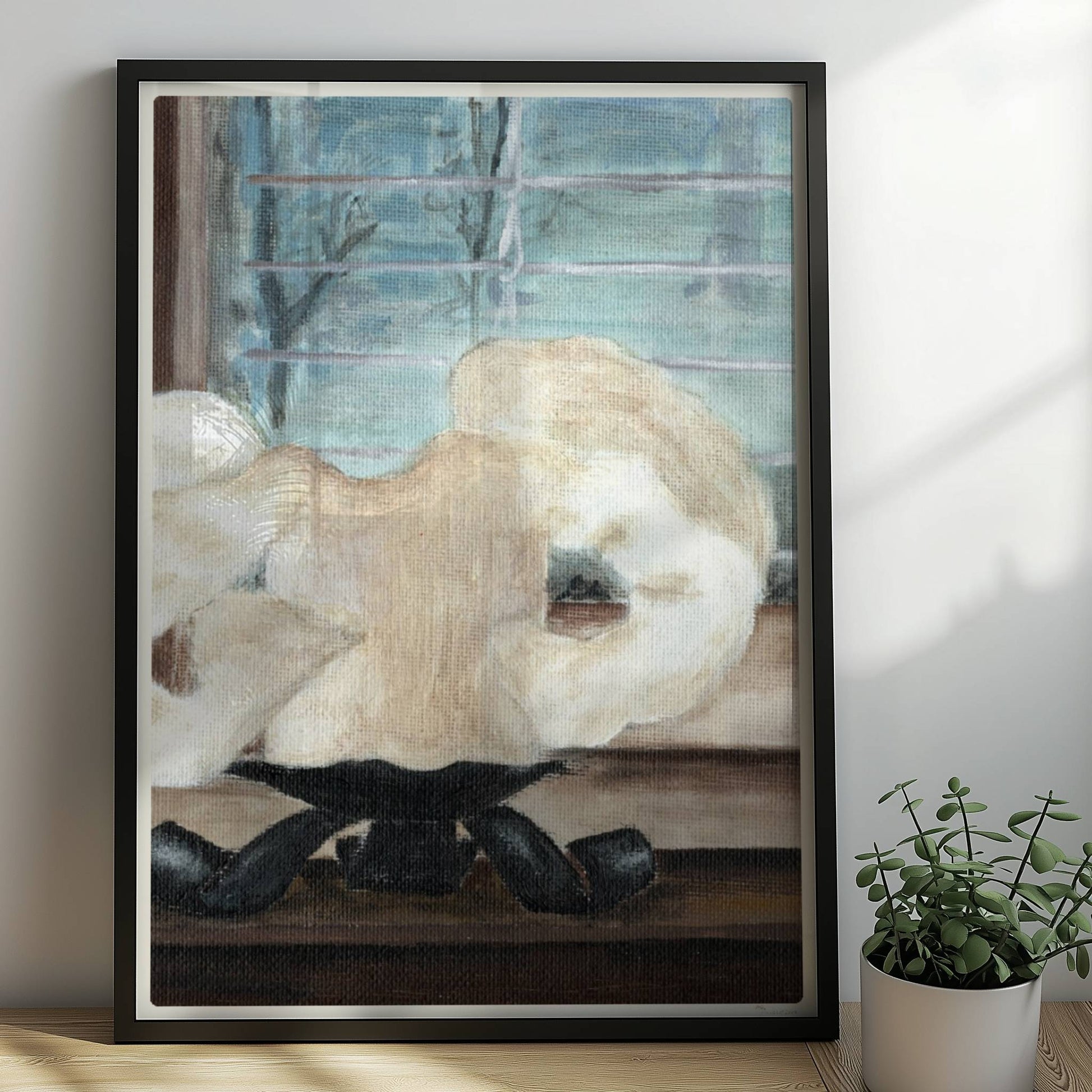 Große geschmolzene Kerze auf Fensterbank – stimmungsvolle Innenkunst.. Rahmen schwarz 50x70