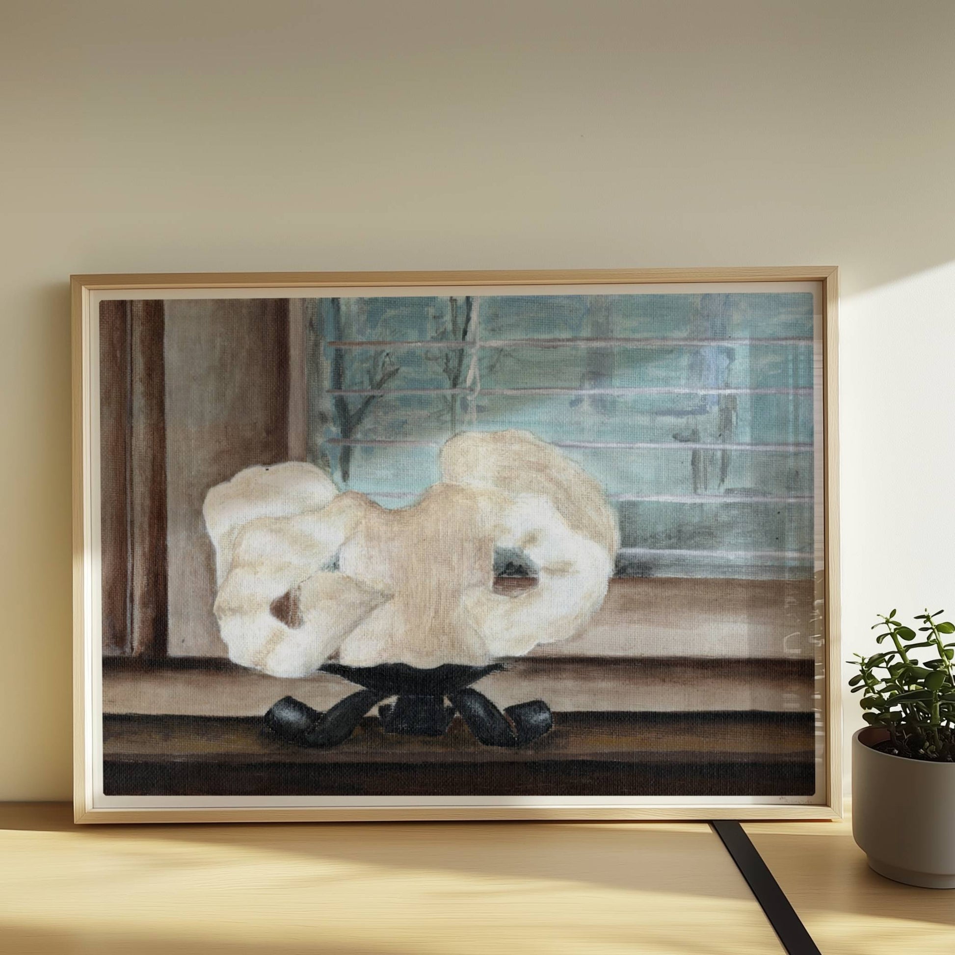 Große geschmolzene Kerze auf Fensterbank – stimmungsvolle Innenkunst.. Rahmen natur 70x50