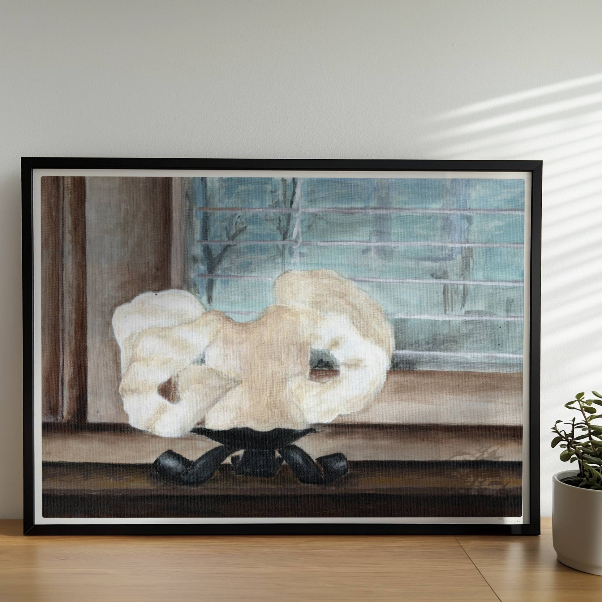 Große geschmolzene Kerze auf Fensterbank – stimmungsvolle Innenkunst.. Rahmen schwarz 70x50