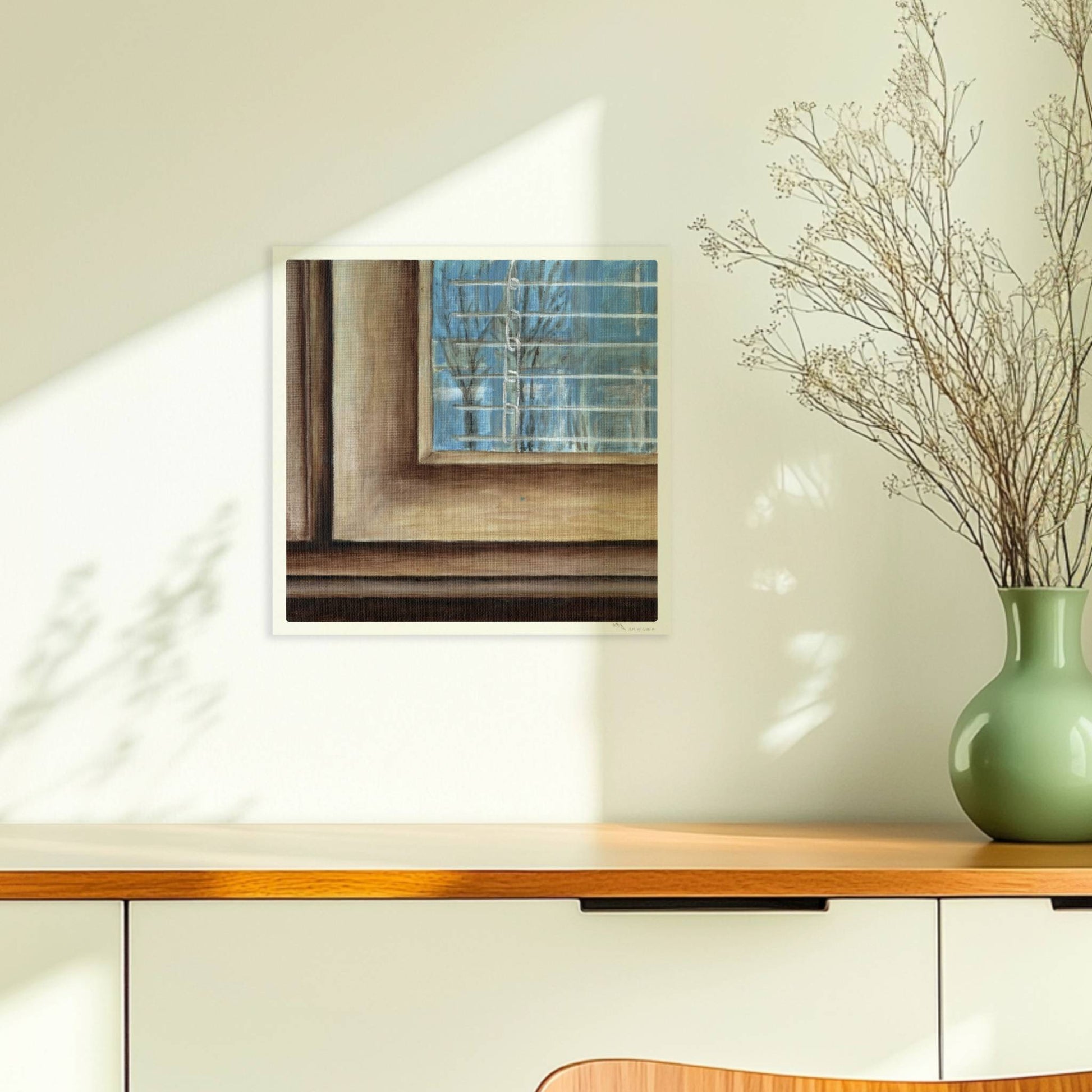 Fensterrahmen mit Ausblick – minimalistische Innenkunst mit ruhiger Stimmung.. Ohne Rahmen 30x30